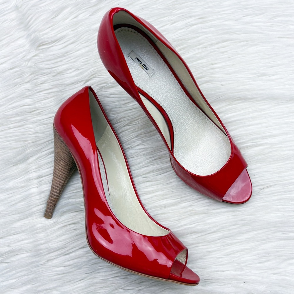 Miu Miu Red Patent Leather Peep Toe Stiletto Heels Pumps Cherry Candy Apple 41
